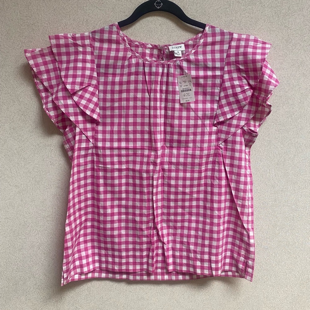NWT J. Crew Pink/White Gingham Flutter Sleeve Top Size M - Picture 7 of 10